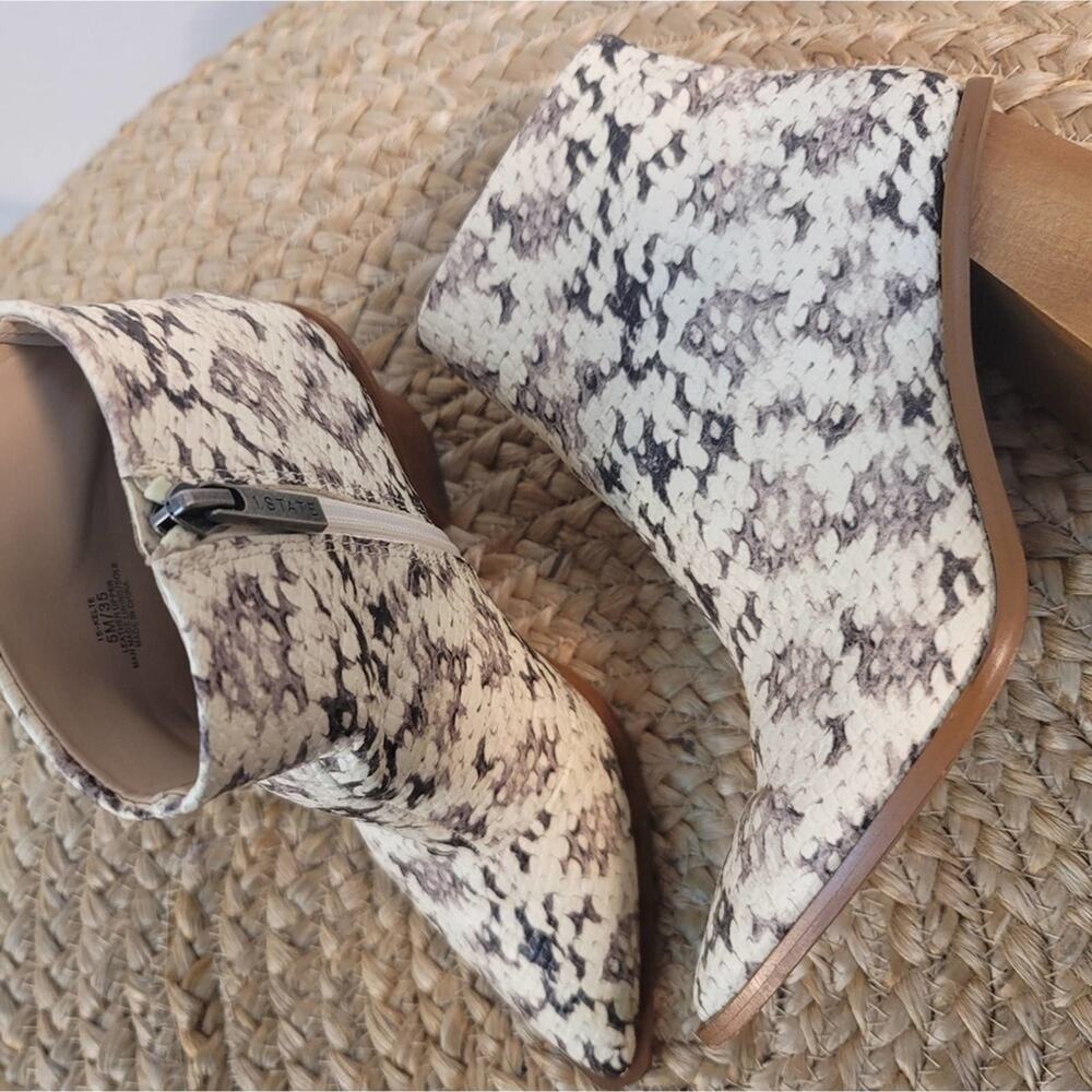 1 STATE Kelte Roccia Snake Print Leather Bootie Woodgrain Block Heel Pointed Toe - Picture 5 of 16